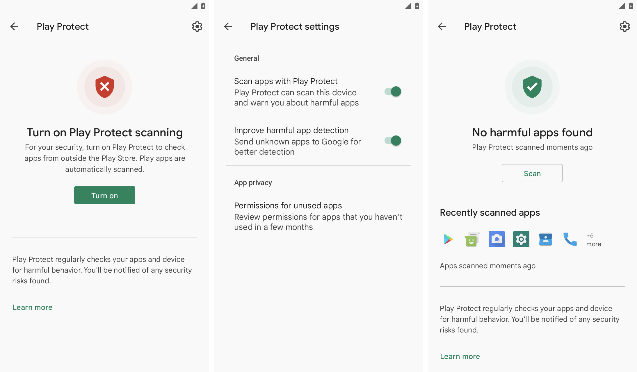 Üç ekran görüntüsü yan yana, tarama açılmasıyla Play Protect'i gösteren, daha sonra tüm geçişler açılmış olan Play ayarlarını ve Google Play Protect'i gösteren üçüncü ekran görüntüsü etkinleştirilmiş ve gösteren üçüncü ekran görüntüsü "Zararlı uygulama bulunamadı," bir "taramak" Potansiyel olarak kötü amaçlı uygulamaları kontrol etmek için düğme.