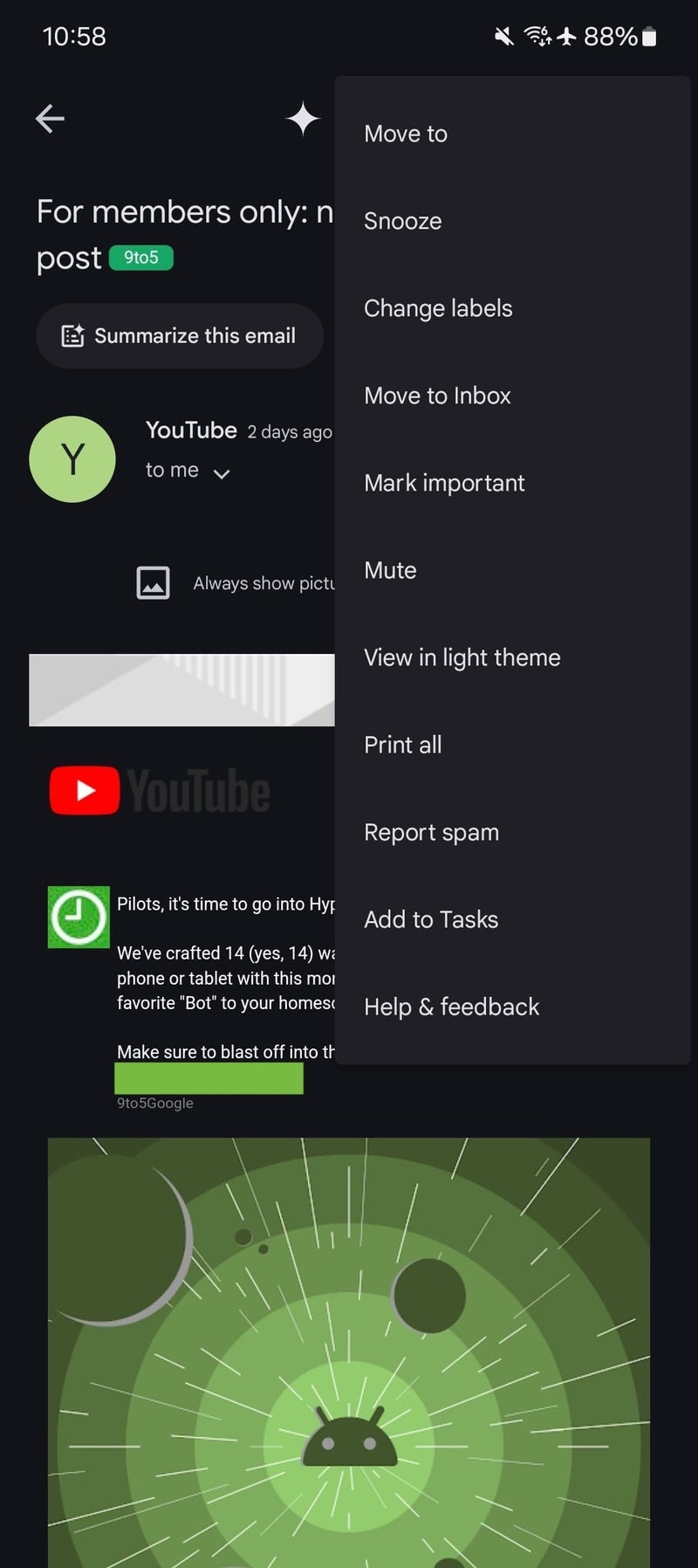 Android menü navigasyonu için eski gmail ekran görüntüsü