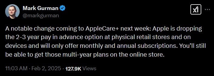 Mark Gurman'ın Tweet'i AppleCare+'ye gelen değişiklikleri ortaya çıkarıyor. | Image Credit-X-Apple, Fiziksel Apple Mağazalarında Çok Yıllık Apple Care+ seçeneğini ortadan kaldıracak