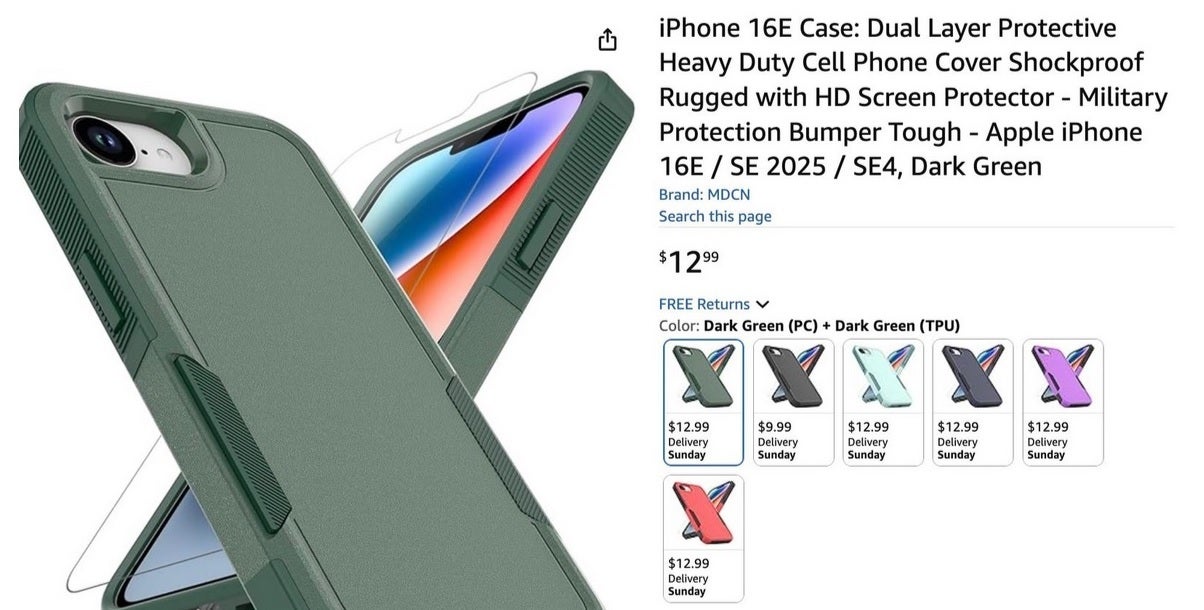 Bütçe iPhone vakası için Amazon listesi telefonu iPhone 16e olarak adlandırır.