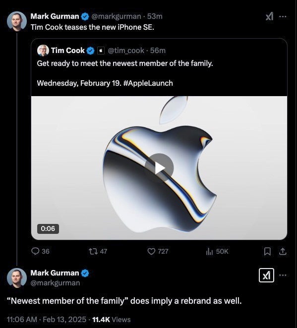 İPhone SE 4 Mark Gurman X Post'tan Ekran Görüntüsü 4 Olası Yeniden marka