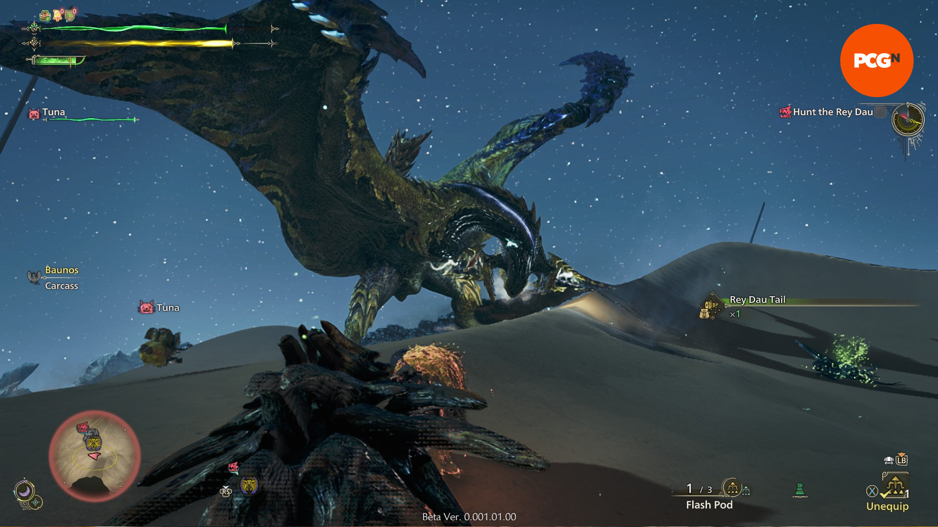 Monster Hunter Wilds Beta - Oyuncu, yuvarlanan kum tepelerinin üstünde bir Rey dau'ya yaklaşıyor.