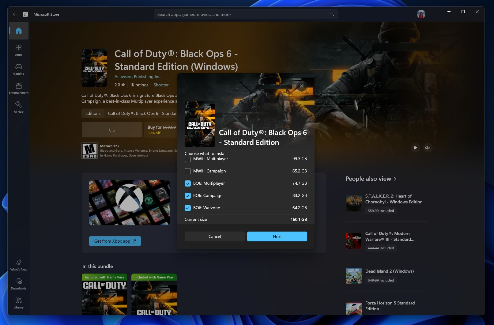 Microsoft Store, bazı oyunlar için ayrı bileşenleri yükleme seçeneği gösteriyor.