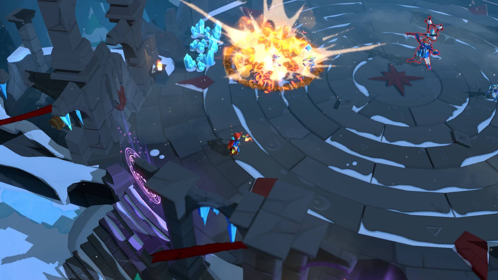 Mages-of Mystralia-Fantasy-RPG-Free-Epic-Games-Store-Dungeons ve Dragons-Dnd-Forgotten-REalms-Creator Küçük kızıl saçlı büyücü bir kadın kayalık bir arenada bir kardan adamla savaşır