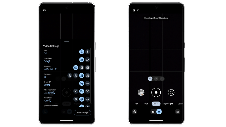 Video ayarlarını ve kamera seçeneklerini gösteren iki akıllı telefon ekranı. Video ayarlarını ve kamera seçeneklerini gösteren iki akıllı telefon ekranı.
