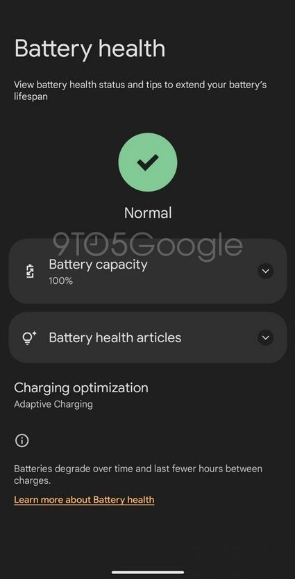 Android 16 Beta 2'de bulunan gözden geçirilmiş pil sağlığı sayfası." | Image Credit -9to5Google - Hevesle Beklenen Pixel Batter