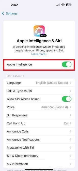 Apple zekasının etkin olduğunu gösteren anahtar değiştirin.