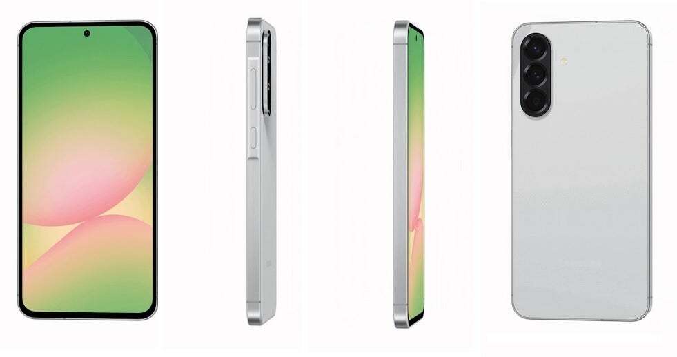 Galaxy A56'yı her taraftan gösteren render.