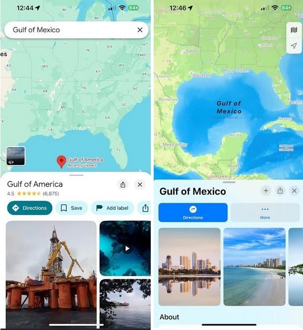 Google Haritalar ve Apple Haritalar, Trump'ın Amerika Körfezi İcra Düzeni ile uyumu karşılaştırılması.