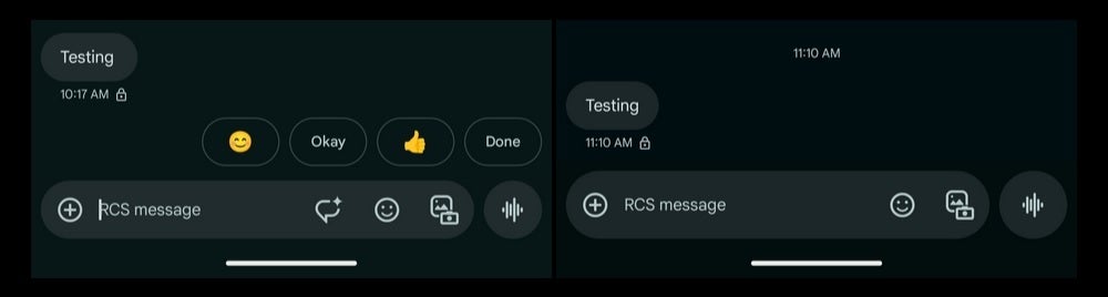 Google Mesajlar metin alanının eski sürümü solda sağda daha yeni, daha büyük metin alanı bulunur. | Image Credit -9to5Google - Google Mesajları Güncelleme Uygulaması Yutmak İçin Daha Büyük Bir Hapla Ayrılıyor