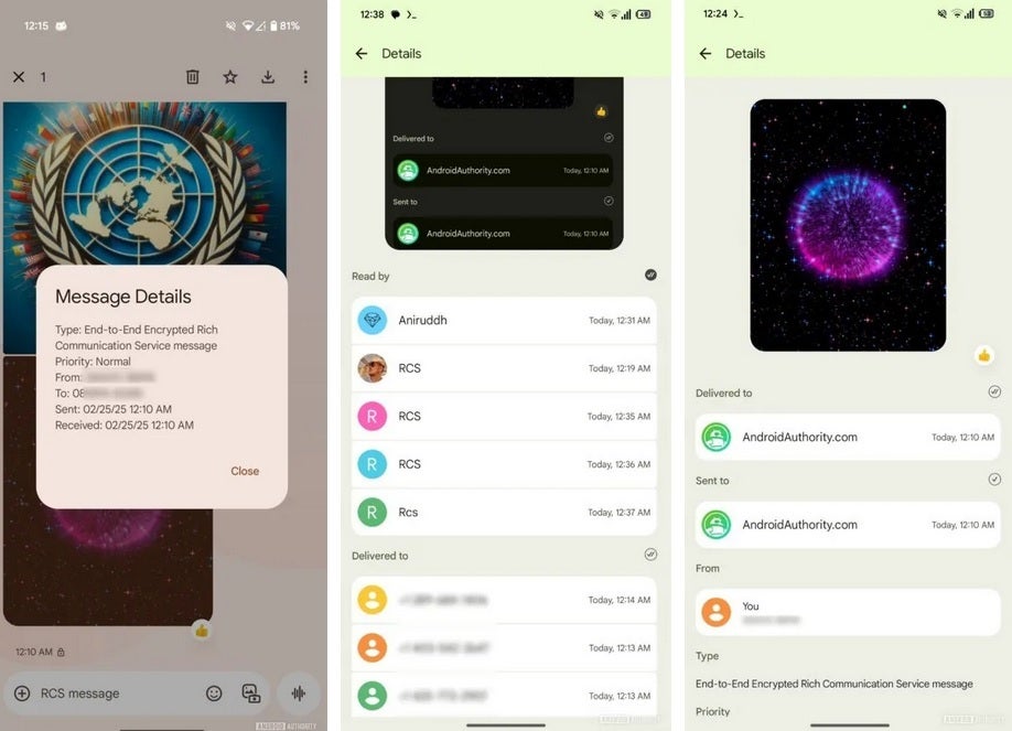 Google Mesajları Uygulama Eski Görünüm Detayları Soldaki UI, orta ve sağda yeni kullanıcı arayüzü ile. | Resim Credit -Android Authority - Google Mesajları için Yeni Kullanıcı Arayüzü size ek bilgi verir