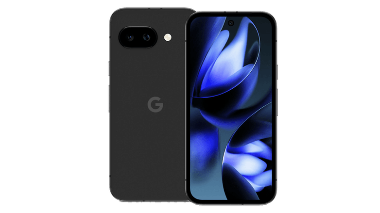 Google Pixel 9A akıllı telefon, ekranda çiçek deseni ile ön ve arka görünümü gösterir.