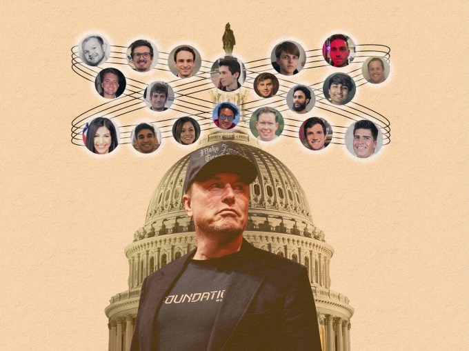 Elon Musk'un bir örneği, ABD Capitol'ün bir grafiğinin önünde duruyordu, Doge üyeleri de dahil olmak üzere iç çevresinde olanların Musk çevresinde çeşitli yüzler vardı.