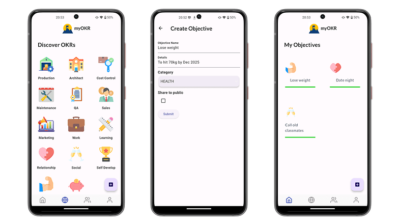 OKR'leri keşfetme ve hedefleri belirleme seçenekleriyle Myork uygulamasını gösteren üç akıllı telefon ekranı. OKR'leri keşfetme ve hedefleri belirleme seçenekleriyle Myork uygulamasını gösteren üç akıllı telefon ekranı.
