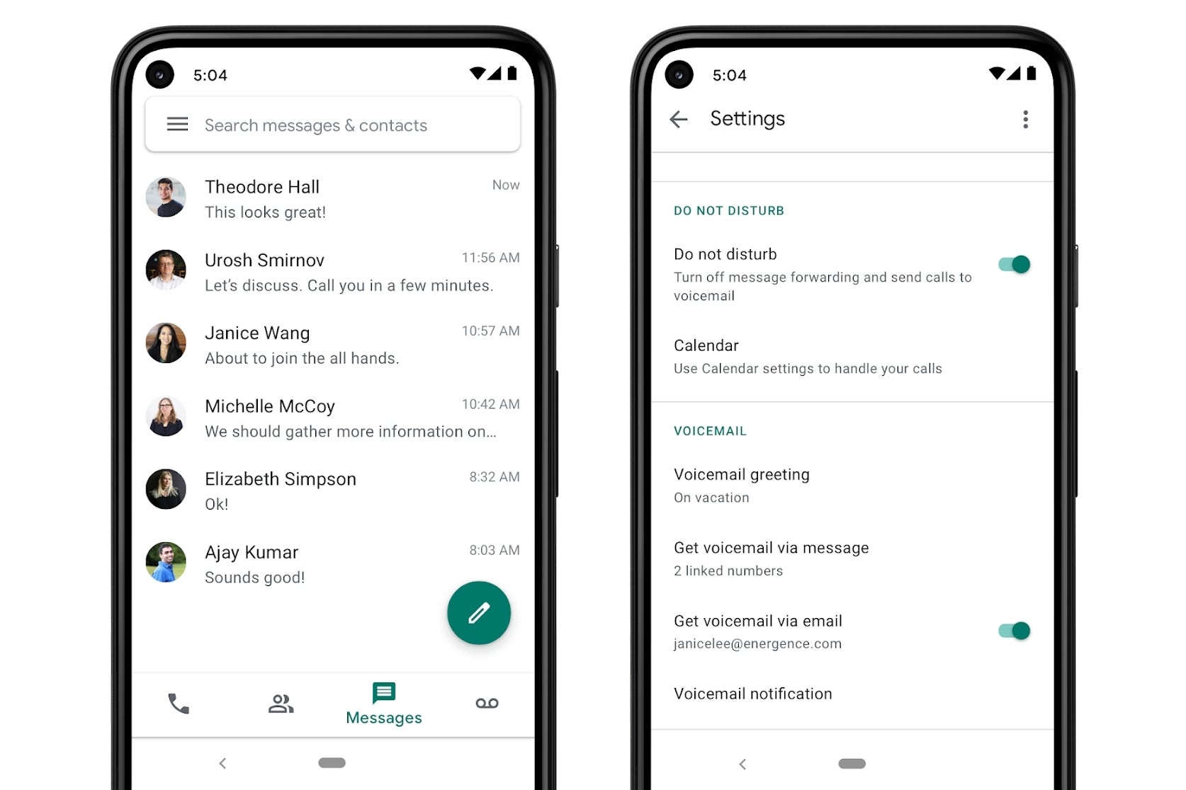 Google Voice uygulamasının ekran görüntüleri 'Mesajlar ve Ayarlar Ekranlar