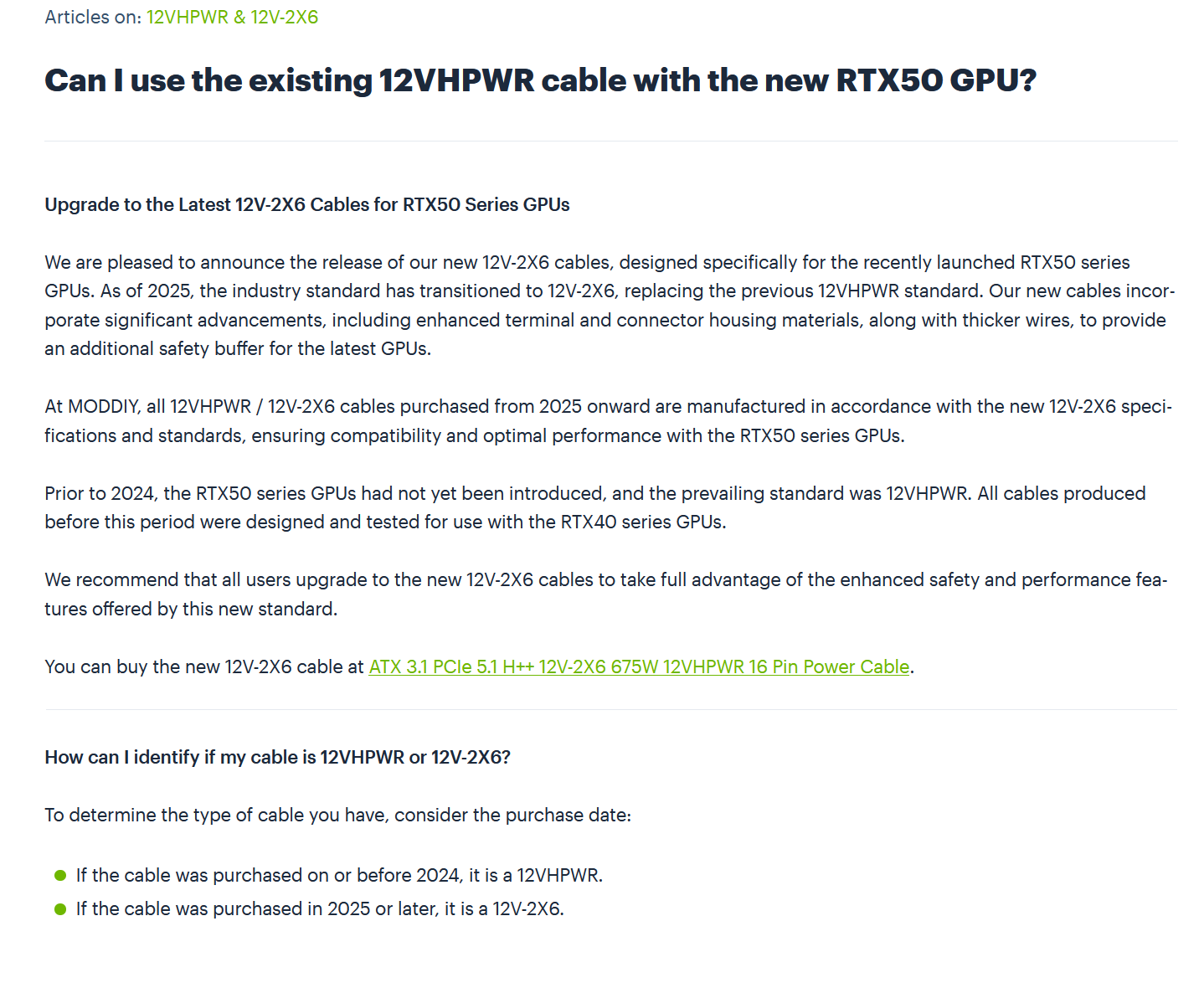 RTX 50 GPU'lar için 12V-2X önerisini belirten moddiy destek sayfası