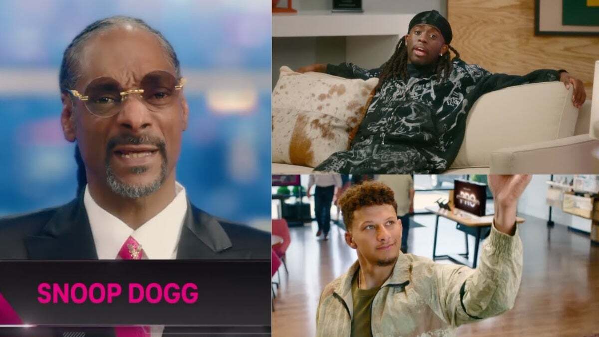 T-Mobile televizyon reklamından Snoop Dogg, Patrick Mahomes ve Kai Cenat.