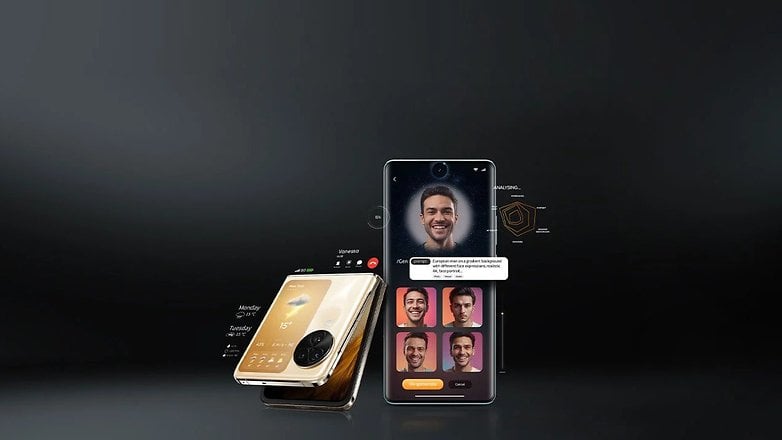 Katlanır bir akıllı telefon, bir hava uygulaması ve gülümseyen bir yüzü olan bir profil analiz ekranını gösterir.