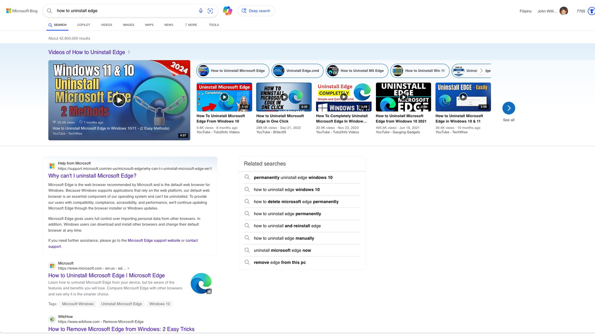 Microsoft Edge arama sonuçlarının ekran görüntüsü