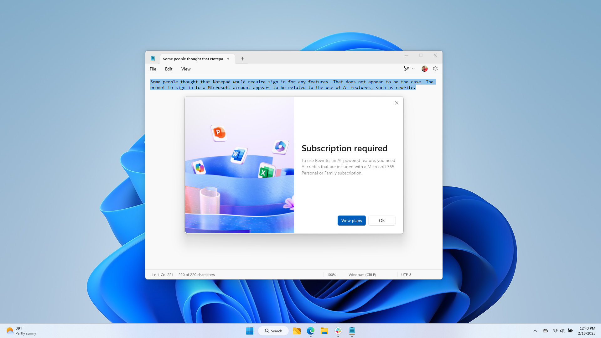 Yeniden yazma özelliğini kullanmak için Microsoft 365'e kaydolmak için bir reklam gösteren not defteri.