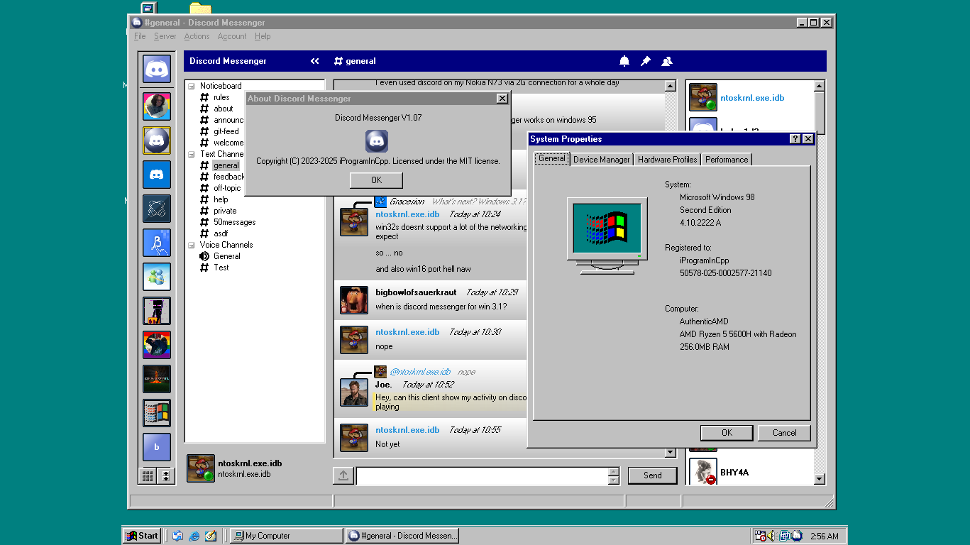 Discord Messenger Windows 98 Second Edition'da çalışıyor, kolaylık sağlamak için geniş ekran yaptı - aslında Windows 98'de geniş ekran çalışmasının belirli donanım yapılandırmasına bağlı olarak çok zor olabileceğini unutmayın.