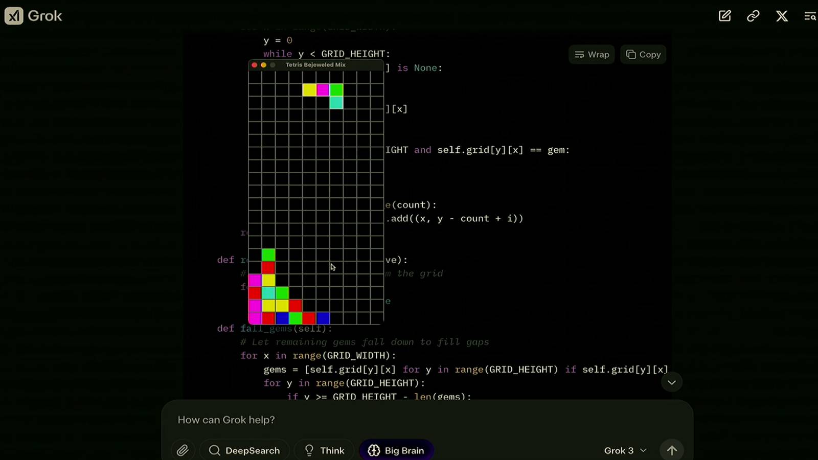Grok 3'ün Tetris'in bir versiyonunu oluşturma yeteneğini gösteren bir ekran.