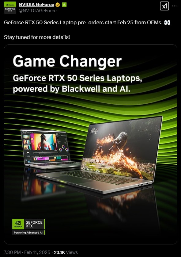 Nvidia Tweets, RTX 50 Serisi donanımlı dizüstü bilgisayarların lansmanını teyit ediyor