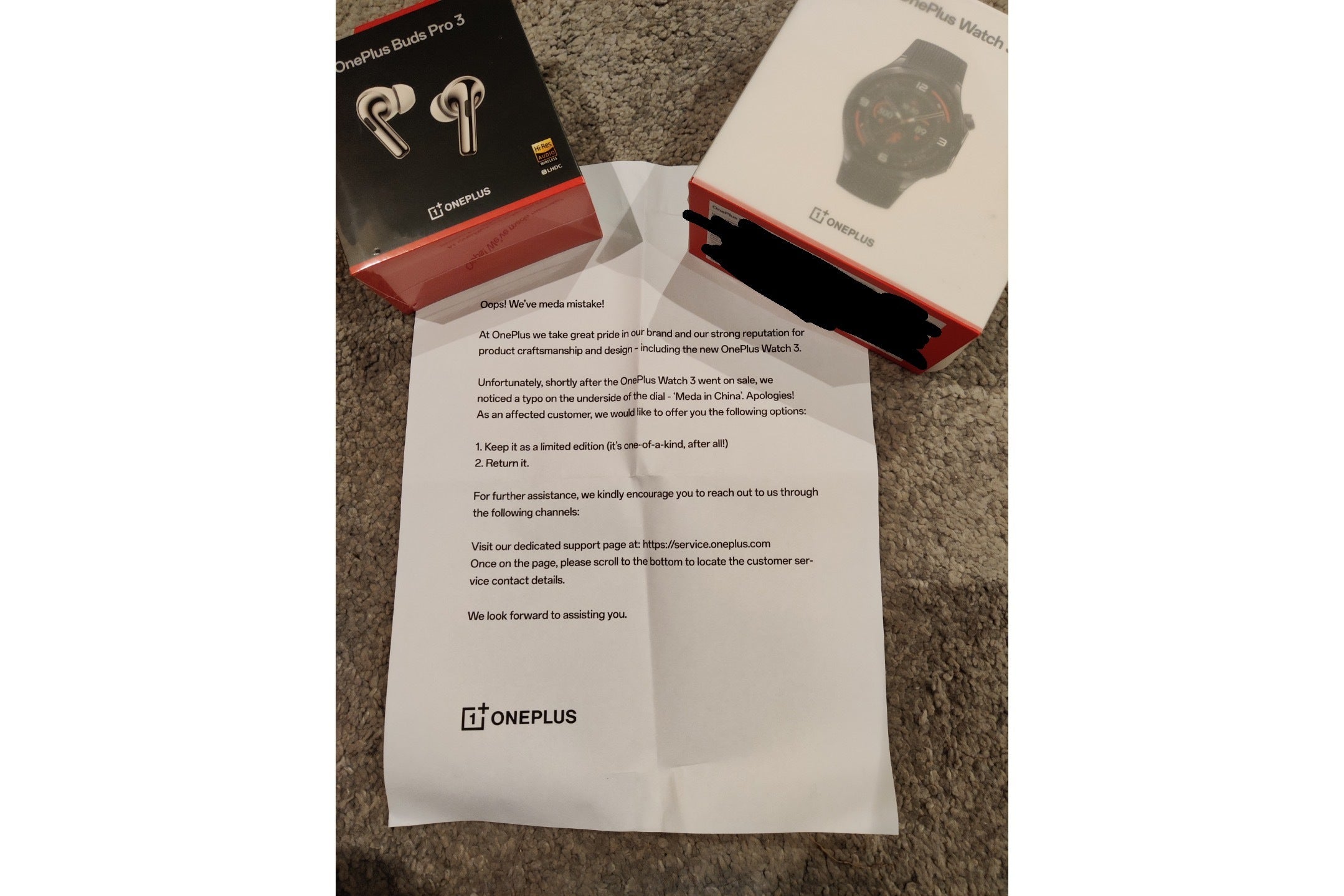 OnePlus tarafından etkilenen saat 3'ü müşterilere gönderilen mektup fotoğrafı