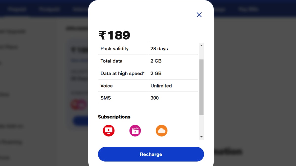 Jio Plan 189 Ön ödemeli değer satır içi 189