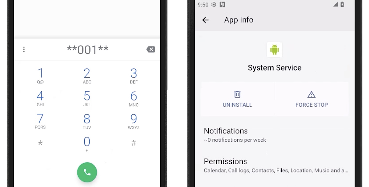 Ekranda ** 001 ** olan bir Android telefon tuş takımını gösteren bir çift ekran görüntüsü ve sağda, casus yazılım uygulaması "Sistem hizmeti" uygulama.