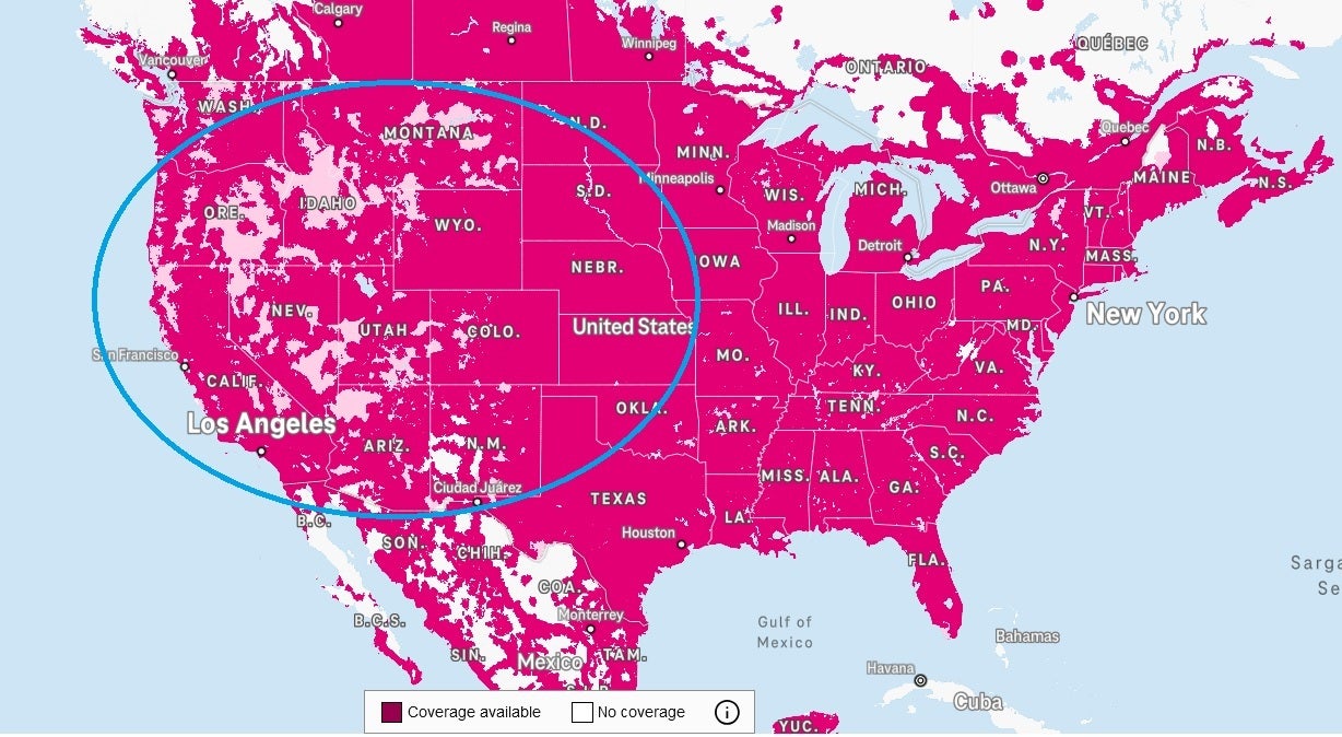 Güncellenmiş T-Mobile Kapsam Haritası, StarLink tarafından kapsanan alanları içerir.
