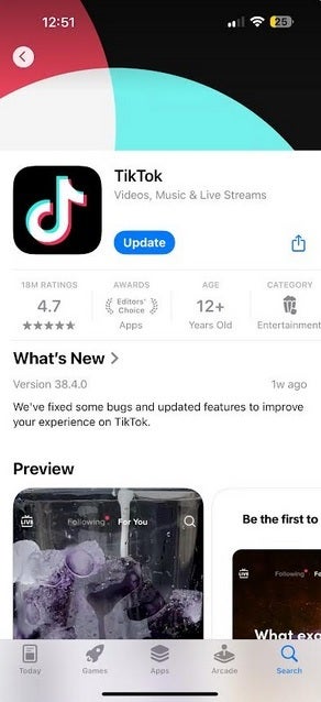 Tiktok için App Store listesi.