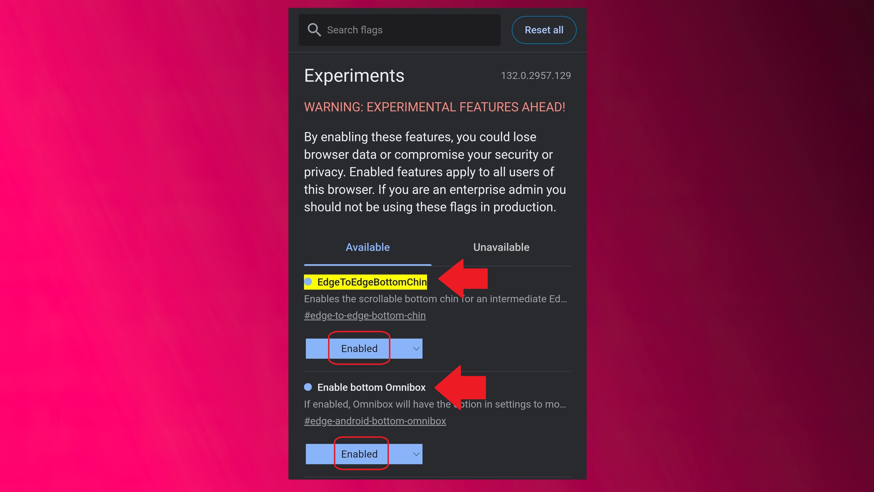 Mobile için Microsoft Edge'deki alt web adres çubuğu için yeni seçenek ve Edge: // Flags ile nasıl etkinleştirileceği.
