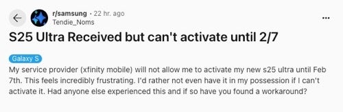 Xfinity Mobile'da S25 Aktivasyon Sorunları Üzerine Reddit Post'un Ekran Görüntüsü
