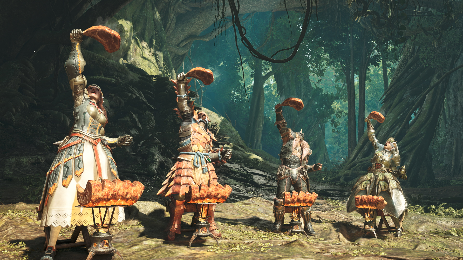 Monster Hunter Wilds'te et pişiren oyuncuların promosyon ekran görüntüsü