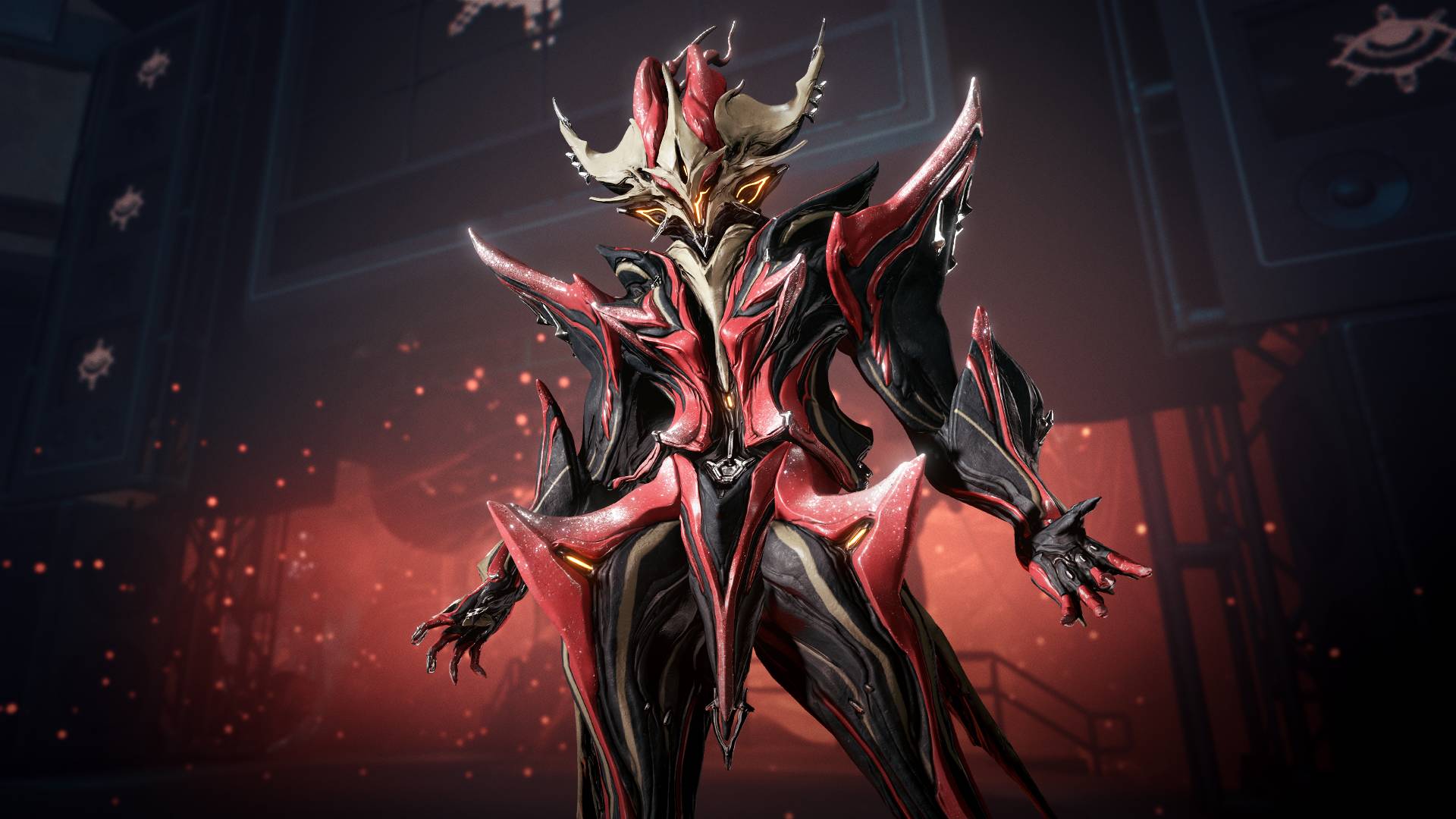 Warframe-1999-Techrot-Incore-Tespe-New-savunma Görevleri-Technosit-Kod-Kodu-Relause tarihi Altın kavisli kask benzeri yüzü olan çivili kalçaları ve omuzları olan kırmızı bir uzaylı yaratık, sahnede duruyor, arkasında kırmızı sis