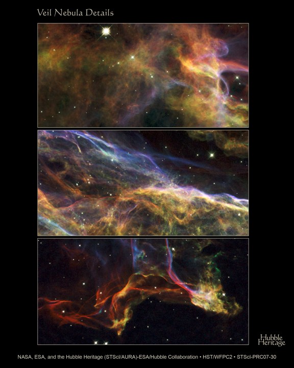 NASA'nın Hubble uzay teleskopu, perdesi bulutsusunun üç muhteşem bölümünü fotoğrafladı - binlerce yıl önce patlayan bir süpernova kalıntısı. Bu görüntü serisi, bu kozmik patlamadan kaynaklanan hassas, incecik yapının güzel ayrıntılı görünümlerini sunar.