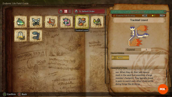 Monster Hunter Wilds'teki Tracktail Lizard'ın oyun içi listesi.