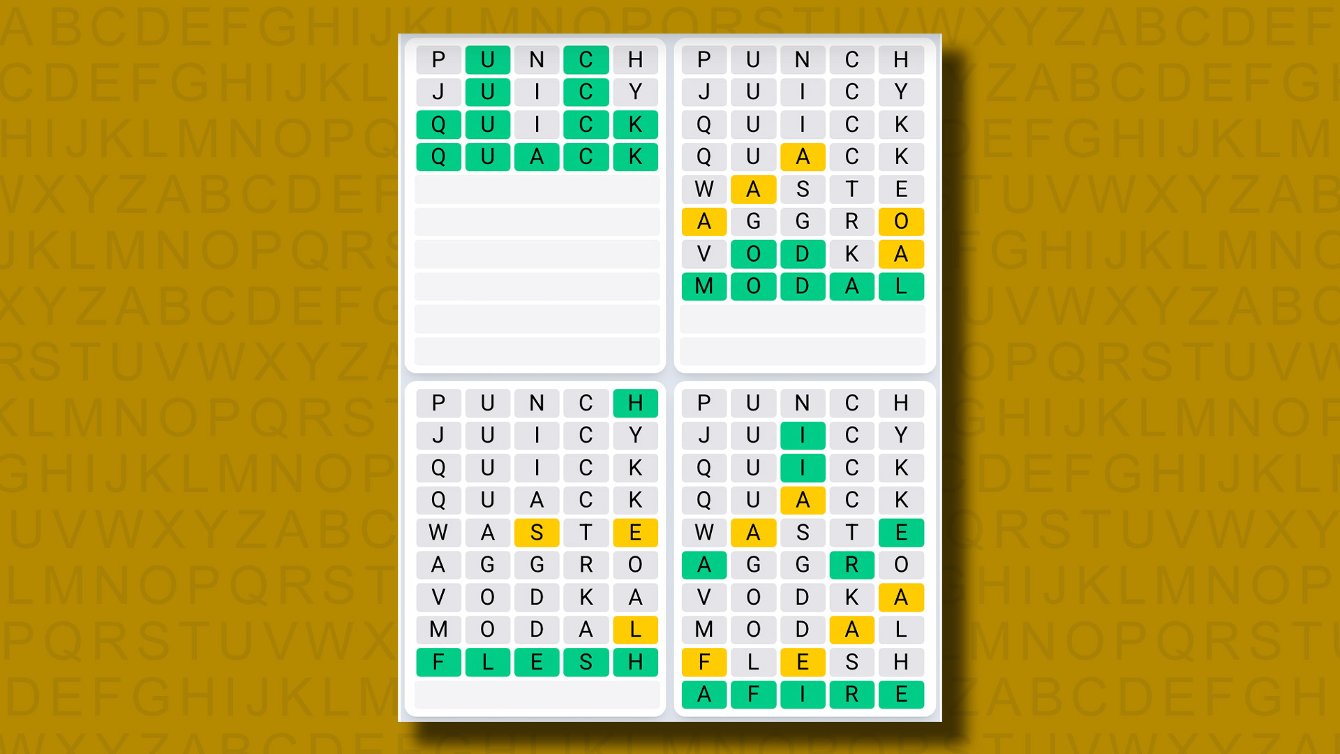 Quordle Günlük Sıra Yanıtları Sarı Arka Planda 1134 Oyun için Cevaplar