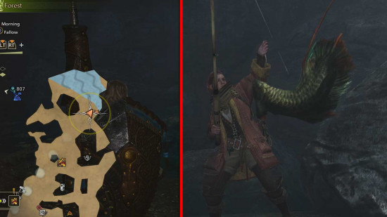 Monster Hunter Wilds'de balıkçılık görevlerine nerede başlayacağınızı gösteren daire içine alınmış bir harita konumu.