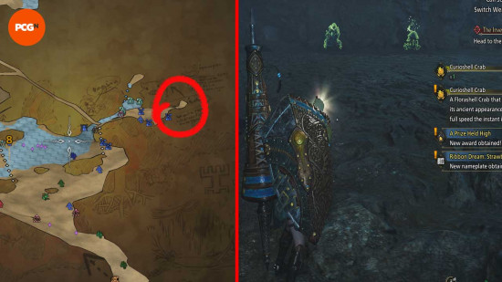 Monster Hunter Wilds'te Curioshell Yengeç nerede bulunacağını gösteren bir harita.