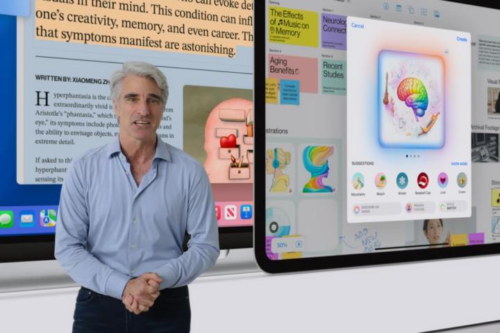 Apple'ın Craig Federghi, Worldwide Geliştiriciler Konferansı'nda (WWDC) 2024'te Apple Zekası'nı tartışıyor.