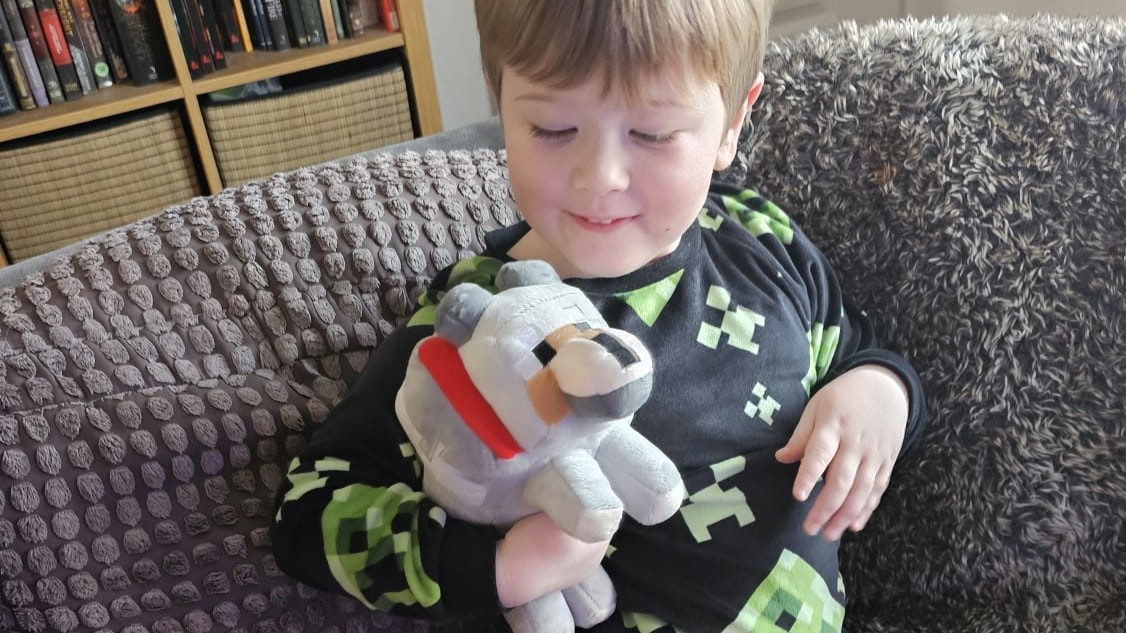 Boy, Minecraft'a göre Wolf Peluş'u Oyuna Tutar