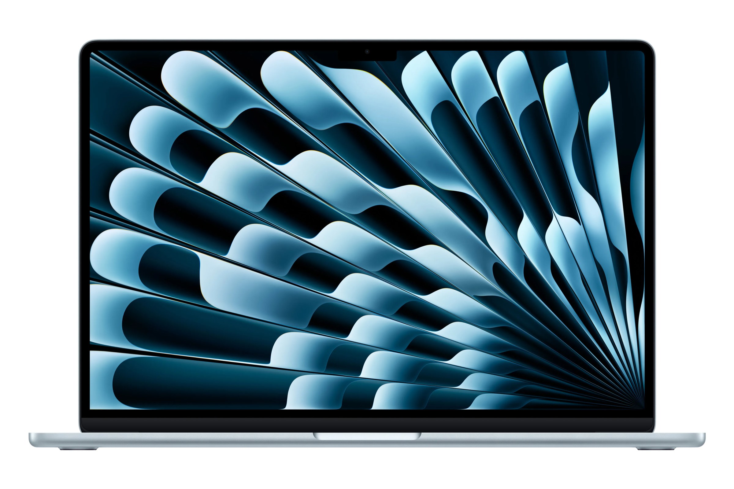Katı beyaz bir arka plana karşı açık 15 inçlik MacBook Air M4'ün görüntüsü.