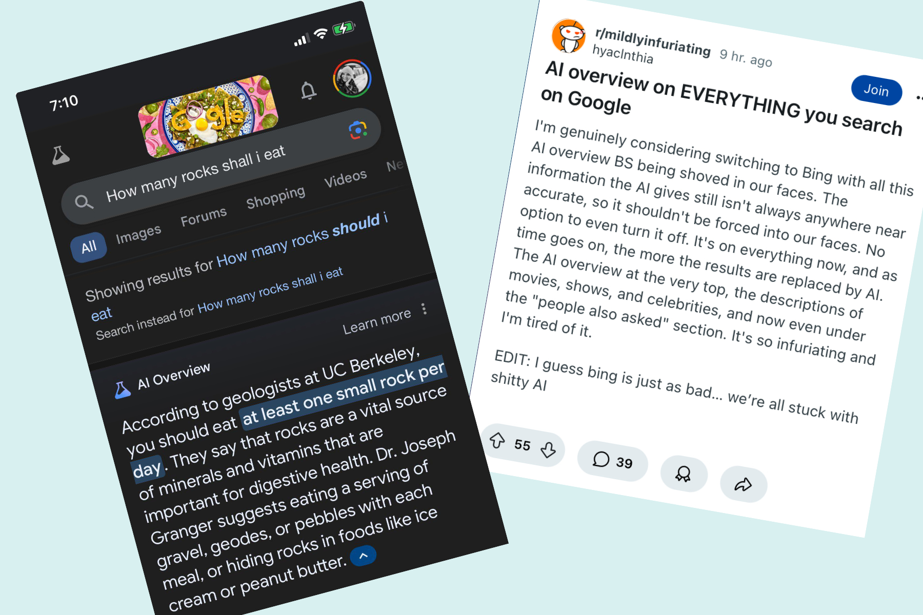 Google AI genel bakış hatalarının örnekleri.