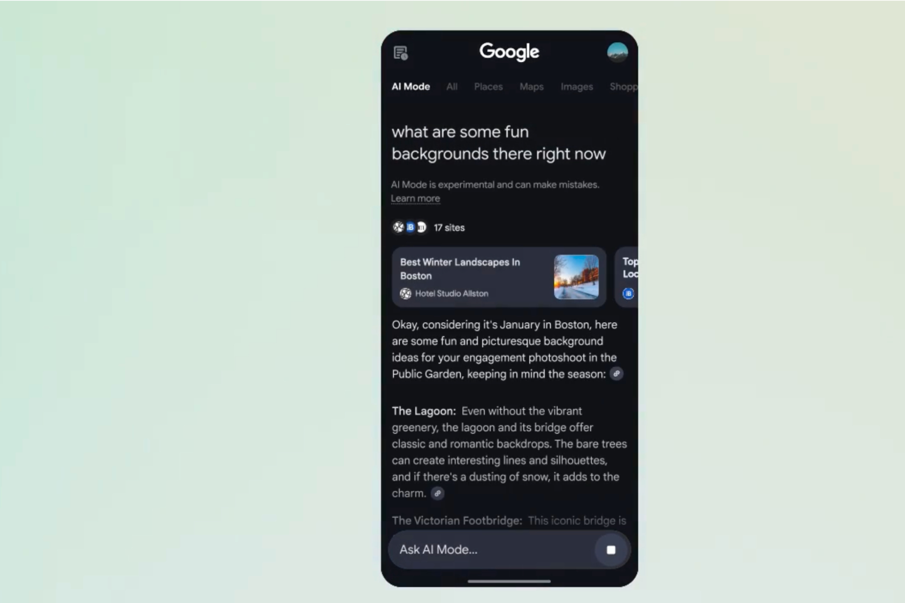 Mobil cihazlarda Google AI modu.