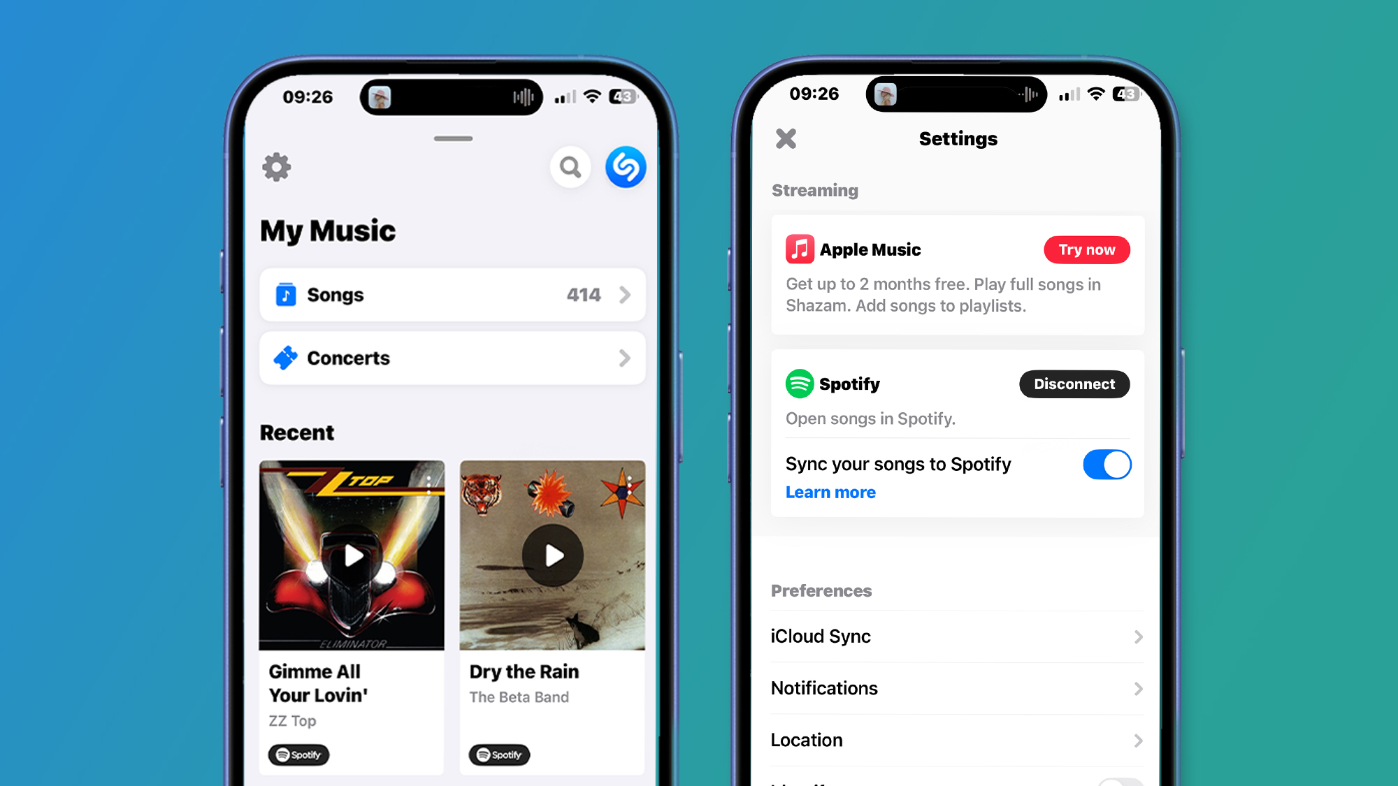 Shazam uygulamasındaki ayarlar sayfalarının ekran görüntüleri