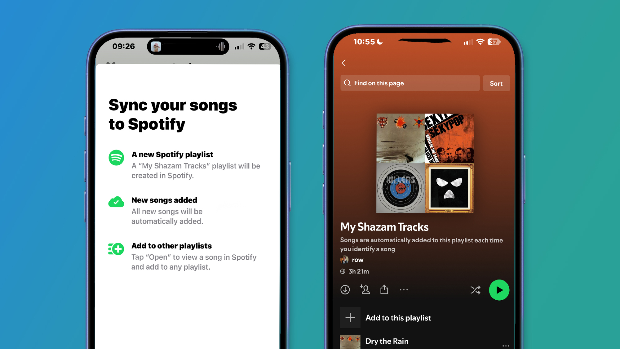 Shazam'ın ekran görüntüleri ve bir Spotify çalma listesi