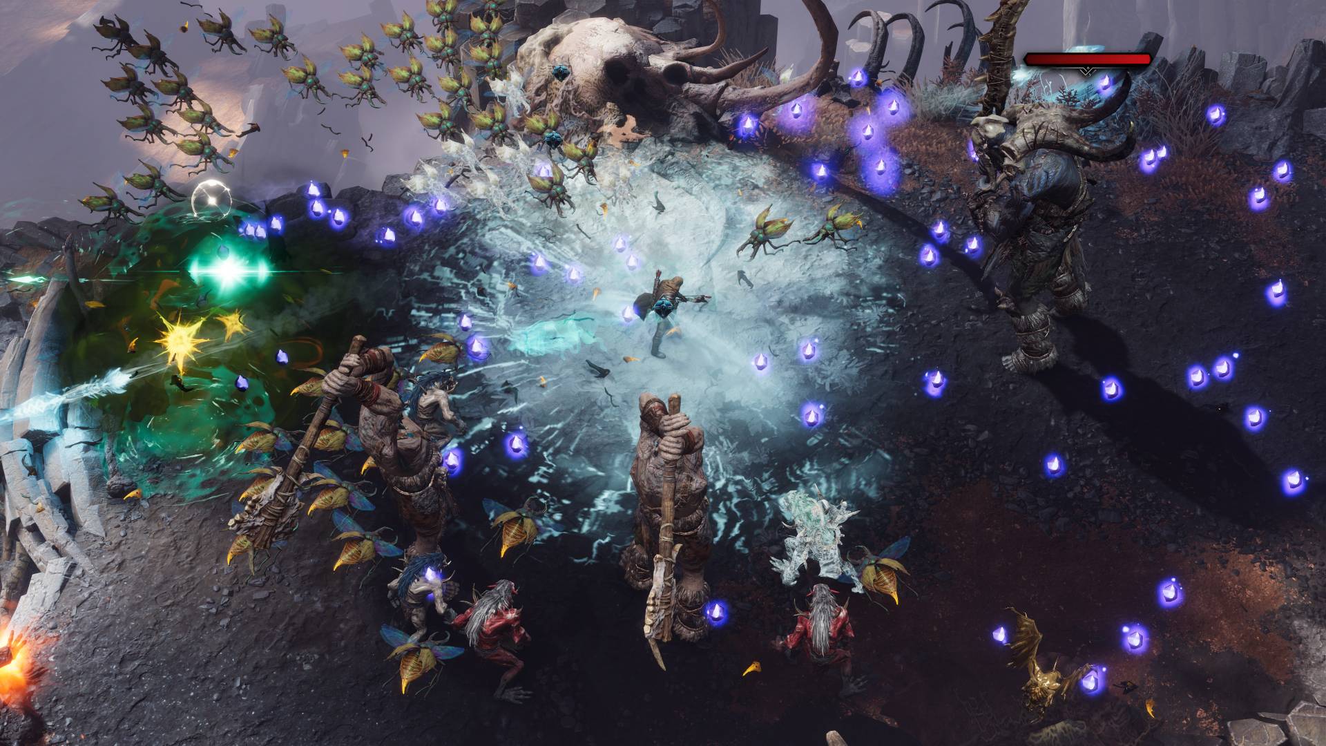 Jotunnslayer-Diablo-Arpg-Rival-New-New-Update-Zone-Karakter Pelerin giyen bir karakter, böceklerin ve devlerin sürüslerini geri iten bir buzlu enerji dalgası gönderir