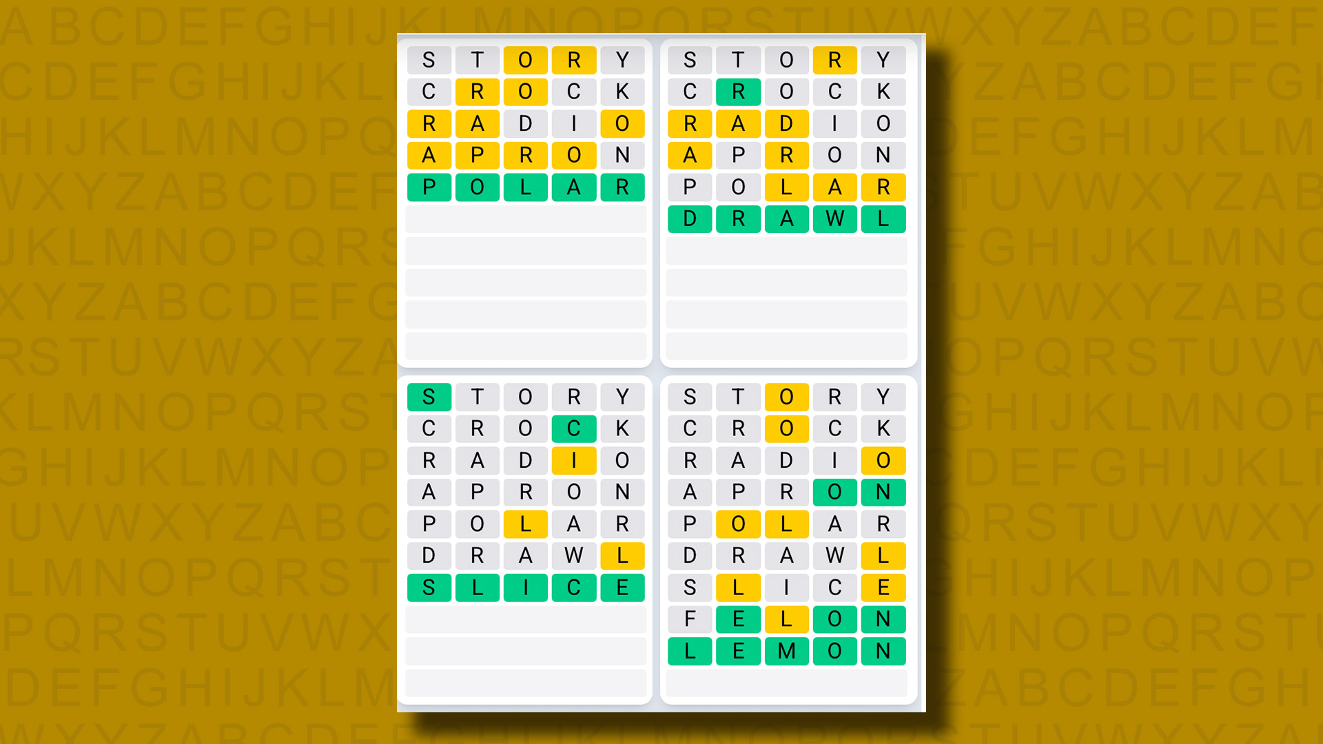 Quordle Daily Sequence, Sarı Arka Planda Oyun 1138 için Cevaplar